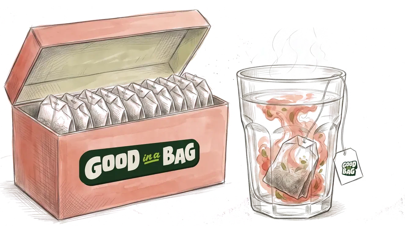 An open Good in a Bag box of ten rasam sachets beside a glass with a sachet steeping in hot water
