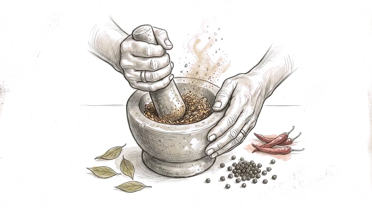 Hands pounding roasted spices in a stone mortar