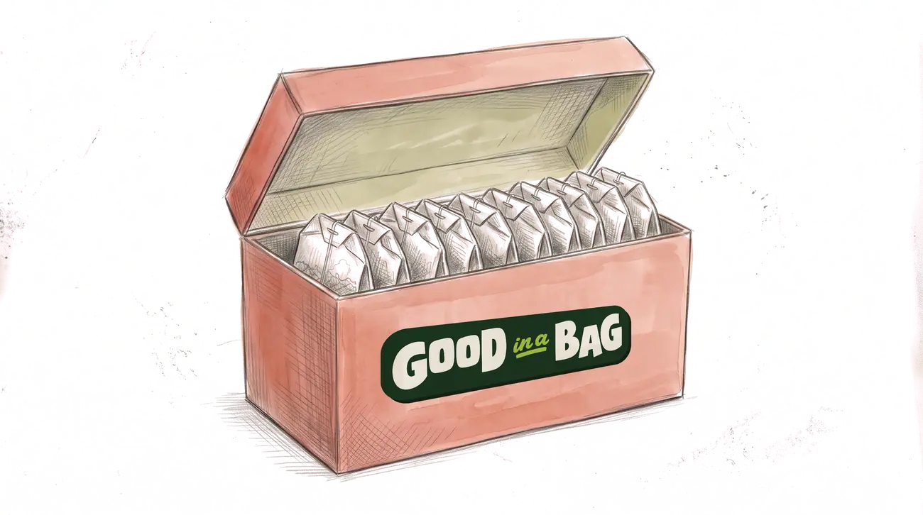 An open Good in a Bag box holding ten sachets