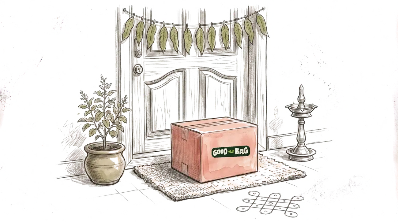 A Good in a Bag parcel on a doormat beside a front door
