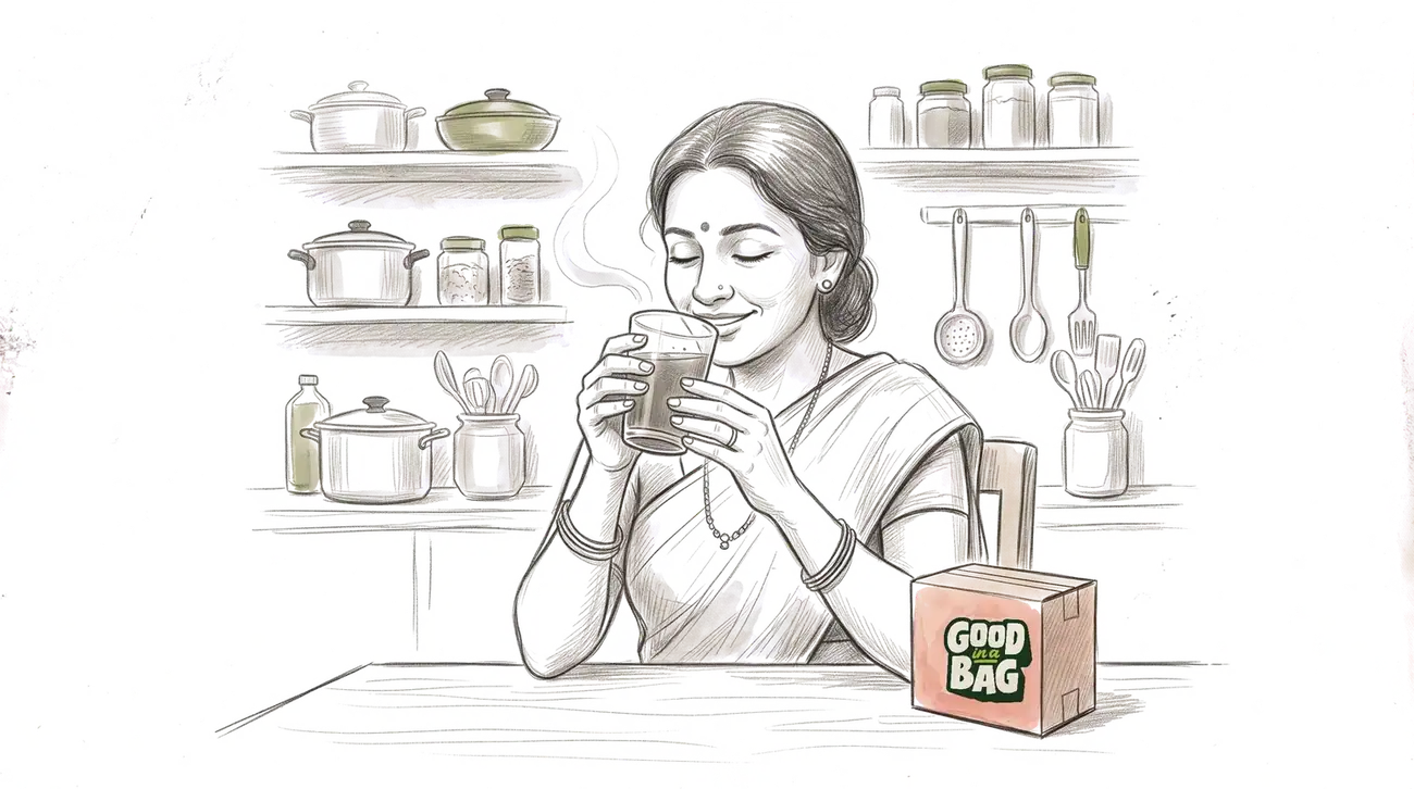 A woman sipping rasam from a glass with her eyes closed